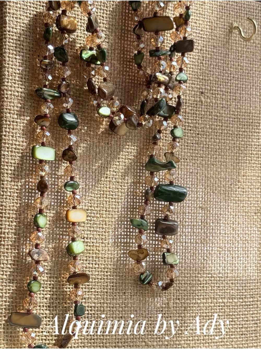 Green mother of pearl shells and Gold Multi-Bead Necklace + ULTRA LONG LARIAT